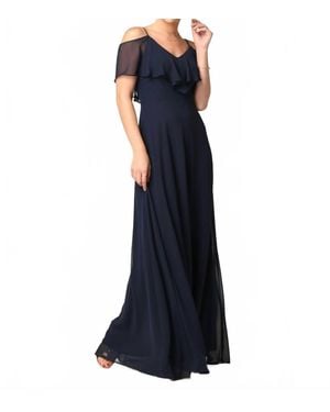 Eva USA Chiffon Cold Shoulder Ruffle Sleeve Bridesmaid Dress - Blue