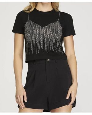 She + Sky Rhinestone Faux Bra Embellished T-Shirt - Black