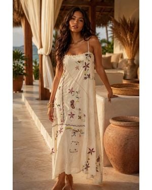 SurelyMine Wildflower Embroidered Boho Maxi Dress - Brown