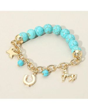 Fashnzfab Secret Box_Western Horse Horseshoe Texas Map Charm Station Stone Beaded Stretch Bracelet - Blue