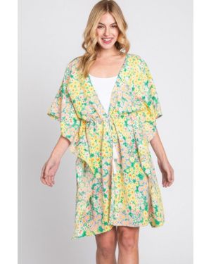 TRUEDAMES Flower Print Self-Tie Drawstring Open Front Cover - Green