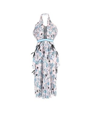 Self-Portrait Cross-Front Pleated Floral Halter Dress - Blue