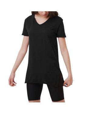 AMBAR V-Neck Side Slit Cotton Tunic T-Shirt - Black