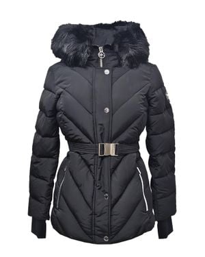 MICHAEL Michael Kors Michael Kors Belted Chevron Scuba Coat W/Faux Fur - Blue