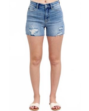 Judy Blue High Waist Denim Shorts With Stitch Over Destroy Detail - Blue