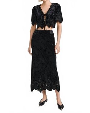 Moon River Velvet Eyelet H Line Midi Skirt - Black