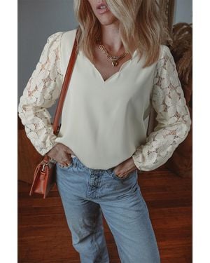 TRUEDAMES Scalloped V Neckline Lace Hollowed Lantern Sleeve Blouse - Brown
