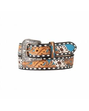 Nocona Belt Co Hand Tooled Painted Floral Inlay Belt - Blue