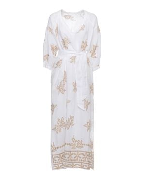 120% Lino Relaxed Fit Midi Dress With Floral Lurex Details - White