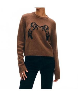 White + Warren Cashmere Blend Horse Embroidered Crew Sweater - Black