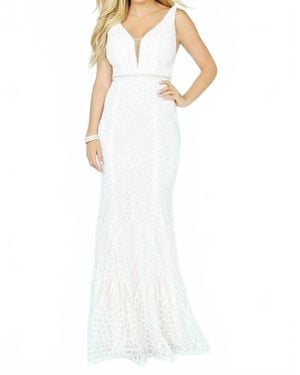 Jolene Intricate Motif Long Evening Dress - White