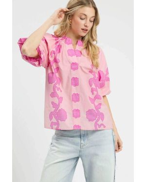TRUEDAMES Floral Smocked Notched Puff Sleeve Blouse - Pink
