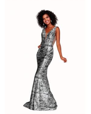 Clarisse Plunging V-Neck Glitter Knit Mermaid Gown - White