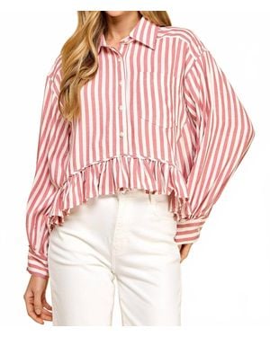 TCEC Striped Button Up Ruffled Hem Shirt - Red