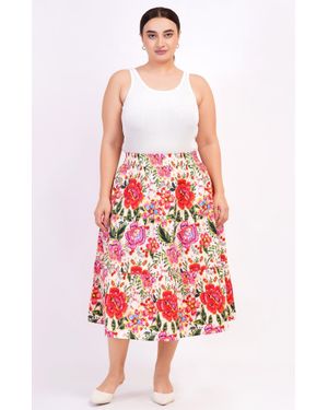Leota Evelyn Tiered Midi Skirt Crown Floral Flame Scarlet