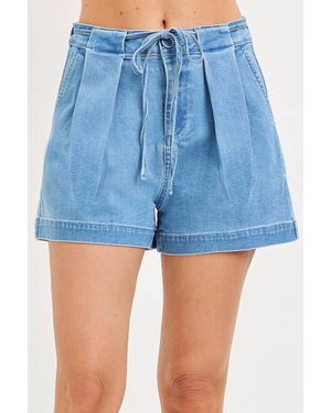 Risen Sweet Magnolia Pleated Drawstring Denim Shorts - Blue