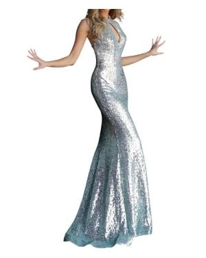 Jovani Key Hole Neckline Sequin Dress - Blue