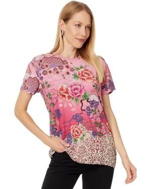 Johnny Was Loose Fit Tee- Lace Short Sleeve T-Shirt - Pink