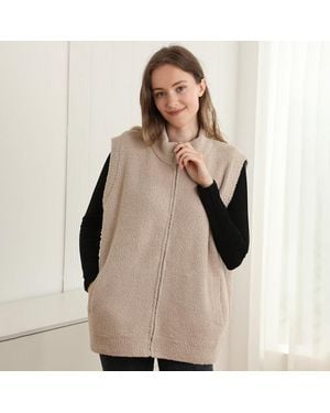 TRUEDAMES Cozy Solid Oversized Zipper Front Pocket Sweater Vest - Natural