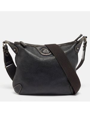 Aigner Leather Logo Messenger Bag - Black