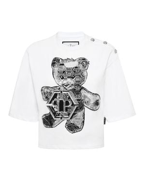 Philipp Plein Cropped Round Neck T-Shirt 3D Teddy - White