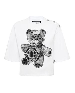 Philipp Plein Cropped Round Neck T-Shirt 3D Teddy - White