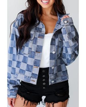TRUEDAMES Light Checkered Patchwork Button Up Denim Jacket - Blue