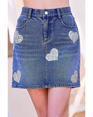 Main Strip Abbey Sequined Hearts Denim Mini Skirt - Blue
