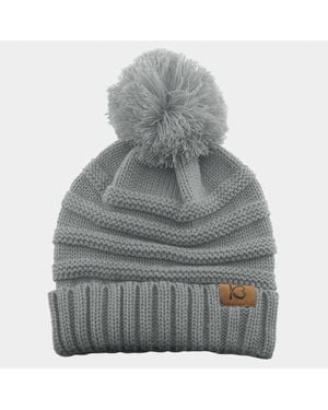 Fashnzfab Cable Knit Ribbed Chunk Pom Pom Beanie Hat - Gray