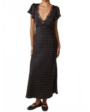 Olivaceous Polka Dot Lace Trim Midi Dress - Black