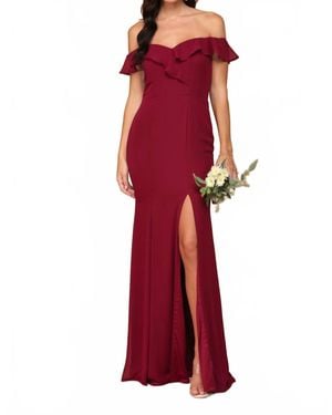 EVA Madrid Off Shoulder Flutter Detail Chiffon Evening Slit Dress - Red