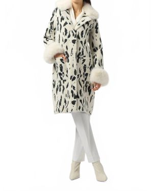Joseph Ribkoff Fae Feather Yarn Animal Jacquard Coat With Faux Fur Trim - White