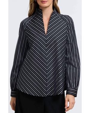 Foxcroft Daphne Stripe Stretch Cotton Blend Pullover Shirt - Blue