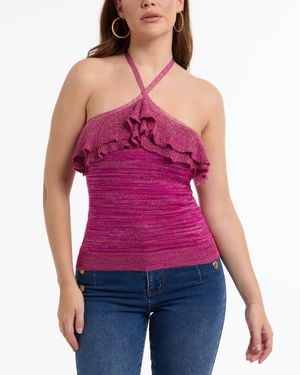 Bebe Halter Lurex Sweater Ruffle Top - Purple