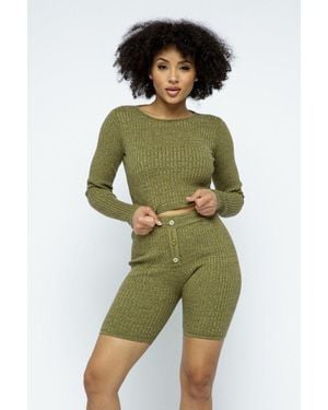 TRUEDAMES Knit Long Sleeve Cropped Top Knit High-Waist Biker Shorts Set - Green