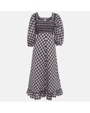 Ganni Sweet Lilac Checked Cotton Blend Smocked Seersucker Maxi Dress - Gray