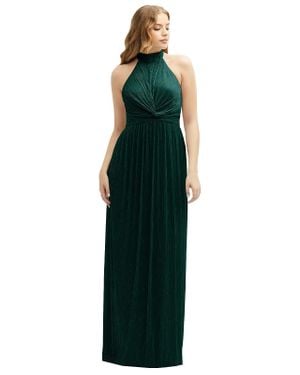 After Six Band Collar Halter Open-Back Metallic Pleated Maxi Dress - Green