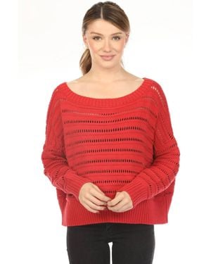 Planet By Lauren G. Loomed Boat Neck Sweater Top - Red