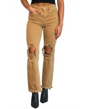 Risen Riva Distressed High Rise Straight Jeans - Brown