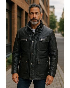 Infinity Leather Leather Military Jacket Outwear Coat - Black