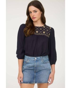 Blu Pepper Floral Embroidered Yoke 3/4 Sleeve Blouse - Blue