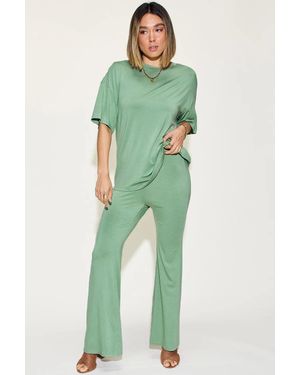TRUEDAMES Full Size Bamboo Drop Shoulder T-Shirt And Flare Pants Set - Green
