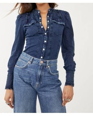 Free People Going Somewhere Longsleeve Blouse - Blue