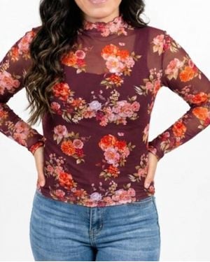 Main Strip Floral Mesh Top - Red