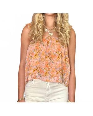 Reset By Jane Mila Floral Print Chiffon Square Neck Ruffle Shoulder Babydoll Top - Orange