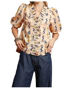 Umgee Floral Ruffle Trim Puff Sleeve Blouse - Blue