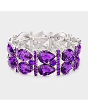 Fashnzfab Crystal Teardrop Rhinestone Pave Stretch Evening Bracelet - Purple
