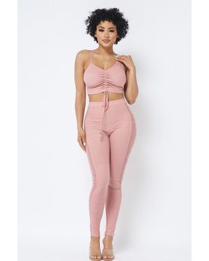 TRUEDAMES Mesh Strappy Adjustable Ruched Crop Top With Matching See Through Side Panel Leggings - Multicolor