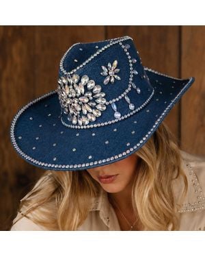 Fashnzfab Bold Decorative Floral Bling Rhinestone Embellished Western Cowboy Hat - Blue