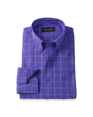 Paul Fredrick Tailored Fit Non-Iron Cotton Windowpane Dress Shirt - Purple